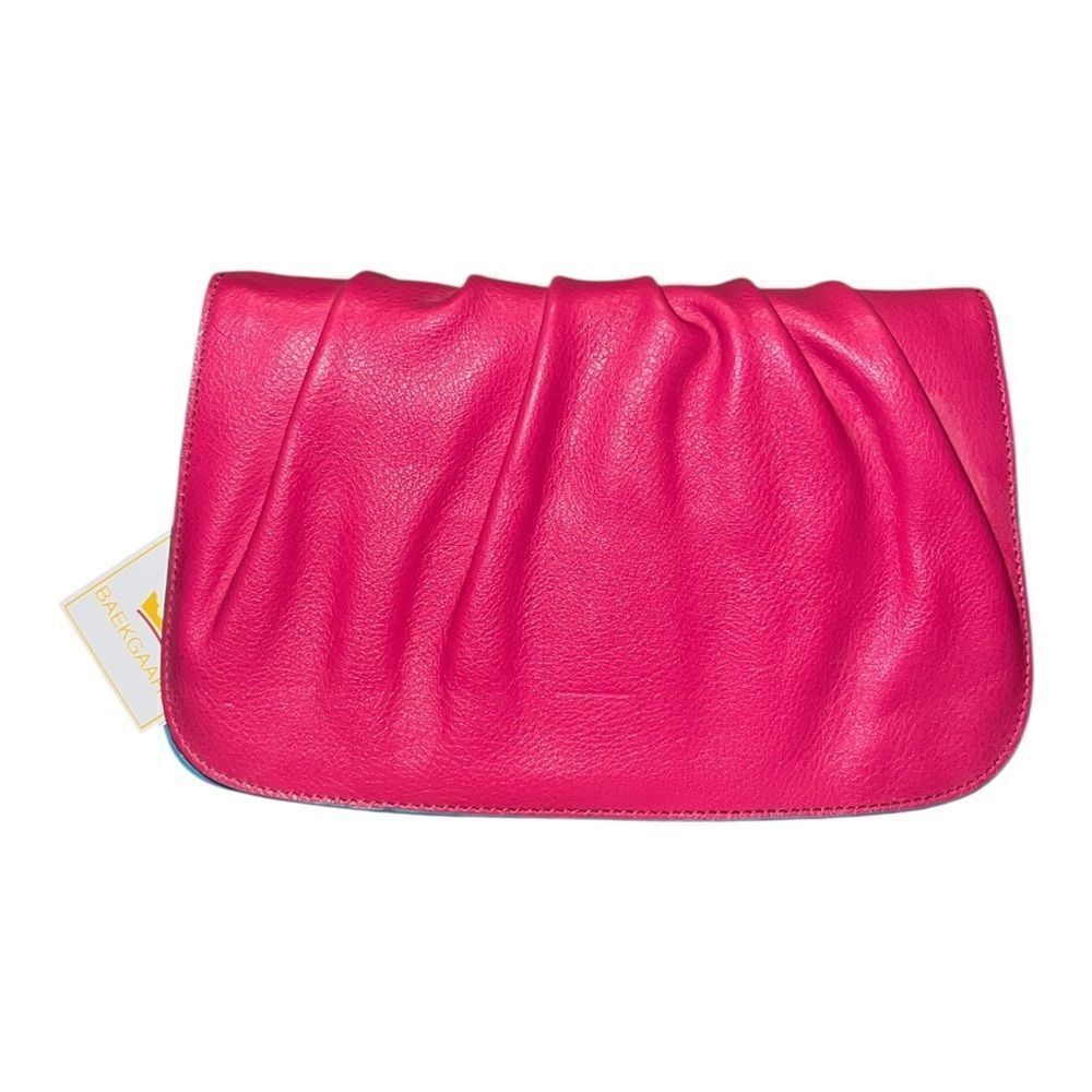Baekgaard Genuine Leather Gathered Clutch Bag Azalea Pink & Turquoise NWT
